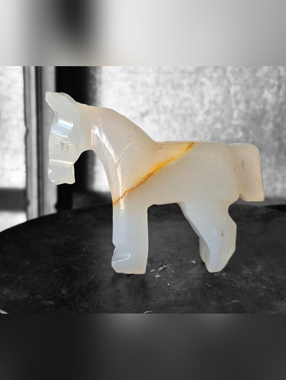 Carved White Onyx Horse Figurine with Amber Veining